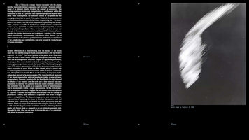 A two-page book spread with a black background and white text. On the left page are two paragraphs of text. The right page features a large, grainy, black-and-white photograph from 1959, showing a blurry, bright, arcing shape against a dark background, which is an early satellite image of Earth taken by NASA's Explorer 6.