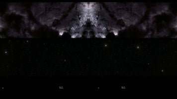 A wide, dark, composite image showing a symmetrical, Rorschach-like formation of dark, stormy clouds or nebula at the top. Below is a wide expanse of deep space filled with stars. The bottom is a solid black bar with faint, small white text, including the words Eye of Silence.