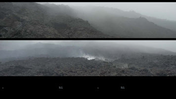 A two-panel image showing a bleak, grey volcanic landscape shrouded in thick fog. The top panel shows a rugged mountainside fading into the mist. The bottom panel is a wider shot of a field of dark, jagged lava rock with plumes of white steam rising from the ground.