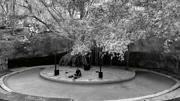 A high-angle, black and white photograph of a natural amphitheater built into a rock formation. A man sits on a circular stone stage, setting up speakers and sound equipment under a large banyan tree. The tree's aerial roots hang down behind him, in front of a dark cave entrance. The stage is surrounded by a curved, empty pool and a forested cliffside.