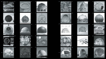 A 5x6 grid of 30 numbered, black-and-white images on a black background. The collage explores the theme of domes and spheres through various photographs, drawings, and diagrams, including ancient mounds, the Pantheon, a NASA sphere, geodesic domes, and observatories.