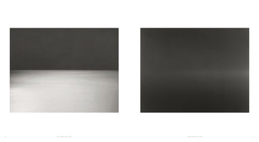 A side-by-side display of two square, minimalist, black and white photographs of seascapes. The photo on the left shows a dark sky over a bright, motion-blurred sea, separated by a sharp horizon. The photo on the right is much darker, with a hazy sky blending into a dark sea at a faint horizon.