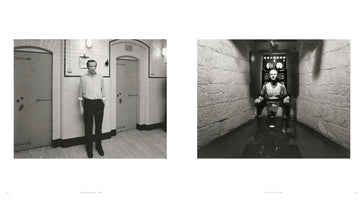 A diptych of two black and white photographs. On the left, a man stands in a prison corridor between two heavy metal doors. On the right, the same man is shown strapped into an electric chair in a narrow, stone-walled room, staring directly ahead.