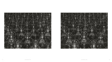 A black and white two-page book spread showing a dense, mesmerizing pattern of Buddhist statues. Each of the many figures wears an intricate crown and is surrounded by a halo with radiating lines, filling both pages with a sea of serene faces.