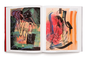 An open art book displaying a two-page spread of colorful, abstract paintings against a white background. The left page features a dark, stylized figure against a background of green and red patterns. The right page shows a fluid, watercolor-style painting in orange and red with a black ink line drawing of a face and a cat.