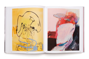 An open art book displaying two pages with abstract paintings against a white background. The left page shows a line drawing of a figure on a yellow wash background, titled Wet_Job. The right page shows a colorful, expressive portrait with bold brushstrokes in red, pink, and white, titled A_Ethical_Consumer.