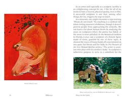 A two-page spread from a book. The left page features an abstract painting titled Words of Mouth, 2020, showing a distorted, fleshy orange form on a bright red background. The right page has a block of text above a photograph of a person resting their head on a large, abstract bronze sculpture on a grassy lawn. The caption reads Mauro and Derelitta, 2016, at Middelheim Museum, 2022.