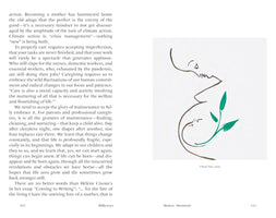 A two-page spread from a book. The left page has a column of text about motherhood and caregiving. The right page features a minimalist line drawing of a pregnant person's profile in brown ink. A face looks down toward a pregnant belly, which contains a simple sketch of a fetus. A plant with vibrant green leaves grows up alongside the belly. Below the drawing is the title, I Need You, 2020.
