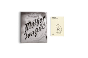 Two art books by Camille Henrot are displayed side-by-side on a white background. The larger book on the left, titled Mother Tongue in an elegant black script, has a grey textured cover with a black-and-white image. The smaller book on the right, titled Milkyways, has a cream cover with a simple black line drawing of a hunched-over figure.