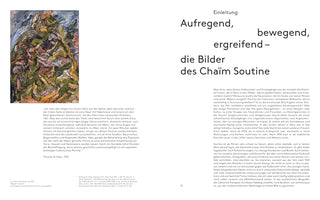 A page from a German art book about the artist Chaïm Soutine. On the left is his painting La Colline de Céret, an abstract and turbulent landscape with thick, swirling brushstrokes in green and earth tones. On the right is the title in large letters, Aufregend, bewegend, ergreifend – die Bilder des Chaïm Soutine, followed by two columns of introductory text about the artist.