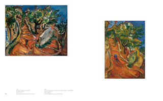 An open book page showing two expressionist oil paintings of landscapes in Cagnes, France, from around 1923-24. Both paintings use vibrant, swirling brushstrokes to depict steep, orange-colored paths winding through distorted green trees and houses under a blue sky. The painting on the left is horizontal, while the one on the right is vertical. Text captions are visible below the artworks.