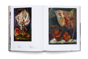 An overhead view of an open art book showing a two-page spread. Each page features a colorful and visceral expressionist still-life painting of a hanging animal carcass, fruit, and a pitcher, rendered with thick, textured brushstrokes against a dark background.