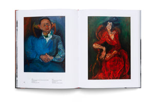 An open art book laid flat against a white background. The two-page spread displays two full-page expressionist portraits. On the left is a man in a blue jacket with distorted facial features, and on the right is a woman seated in a vibrant red dress, resting her chin on her hand.