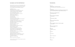 An open book showing two pages against a white background. The left page is titled Lenders to the Exhibition and lists numerous museums, galleries, and collections. The right page is the table of contents for a book about the artist Chaïm Soutine, with chapter titles including Foreword, Introduction, Biography, and Appendix.