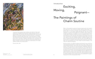 A page from an art book about Chaïm Soutine. On the right, the title reads, Introduction, Exciting, Moving, Poignant— The Paintings of Chaïm Soutine, above several paragraphs of text. On the left is Soutine's expressionistic painting, Hill at Céret, a turbulent landscape with thick, swirling brushstrokes, positioned above a descriptive quote by Thomas B. Hess.