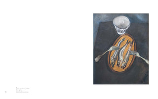 A page from an art book showing the painting Still Life with Herrings. The expressionist artwork features an overhead view of a dark table with an orange oval platter holding three whole fish. A white chef's hat is positioned above the platter, and two silver forks flank the fish, poised to eat.