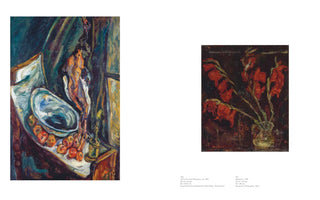 A side-by-side comparison of two expressionist oil paintings from 1919. On the left, a still life features a dead pheasant hanging over a table with a platter and fruit. On the right, a smaller painting shows drooping red gladiolas in a vase against a dark background.