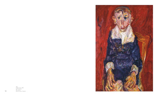 An art book page showing Chaïm Soutine's 1920 expressionist portrait, Village Idiot. A young man with a mournful expression and distorted facial features sits in a chair against a textured, deep red background. He wears a dark blue smock with a large, white collar, and his disproportionately large hands rest on his lap. The painting is rendered with thick, energetic brushstrokes.