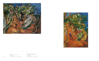 A page from a catalog displaying two expressionist oil paintings from circa 1923-24. On the left is the horizontal landscape Stairway at Cagnes, and on the right is the vertical The Uphill Road in Cagnes. Both paintings depict swirling, terracotta-colored paths winding through vibrant green trees and buildings under a blue sky, characterized by thick, energetic brushwork. Text captions are visible below.