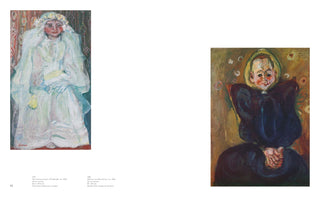 A page from an art book displaying two expressionist oil paintings from circa 1924. On the left, The Communicant shows a young girl in a white dress, veil, and gloves. On the right, Woman in a Blue Dress depicts a seated woman in a dark gown with her hands folded.