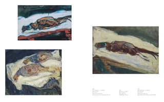 A two-page spread from an art book featuring three still life oil paintings of dead pheasants. The paintings are in an expressionist style with thick, gestural brushstrokes and a dark color palette. The left page shows two smaller paintings, while the right page displays a larger painting. All three depict the birds lying on white cloths. Below the main image on the right, there are captions detailing the artworks.