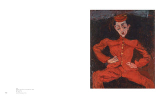 A two-page spread from an art book. On the right is Chaïm Soutine's expressionist painting, Bellboy, from 1925. It shows a young man in a bright red uniform, hands on his hips. His pale face is distorted and elongated, with a weary, melancholy expression. The background is dark and roughly painted. The left page is mostly blank, with a caption for the painting at the bottom.