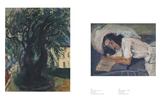 A two-page spread from an art book. The left page displays an expressive oil painting of a large, dark, gnarled tree in front of a building. The right page displays a smaller, horizontal oil painting of a woman with dark hair, dressed in white, lying on her front while reading a book. Each painting has a text caption below it with details about the artwork.
