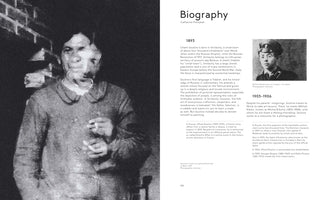 A two-page spread from a book detailing the biography of artist Chaïm Soutine. On the left page is a large, grainy, black-and-white photo of Soutine with a distorted, double-exposed face. The right page features the text of his biography and a small inset portrait of his friend, Michel Kikoïne, as an art student.