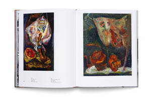 An open art book displaying a two-page spread with two expressionist paintings by Chaïm Soutine. Both paintings, titled The Rayfish and Still Life with Rayfish, depict hanging fish carcasses in a visceral style with thick, colorful brushstrokes against dark backgrounds.