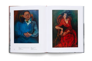 An open art book displays a two-page spread against a white background. On the left is an expressionist portrait of a man in a blue jacket. On the right is a similar-style portrait of a woman in a vibrant red dress and a dark hat.