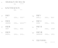 A table of contents with a minimalist, two-column layout on a white background. The text is bilingual, featuring page numbers and chapter titles in an elegant serif font. Sections include SPEKTRALLOV/SPECTRAL LAW, ROBOTTER/ROBOTS, PART I through PART VIII, and DYR/ANIMALS, along with subtitles and lists of contributors.