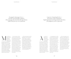A minimalist two-page spread from a book, with text in Danish on the left page and an English translation on the right. The black text on a white background discusses legal cases involving nonhumans, such as animals and robots. Both pages feature a large, centered heading and the main text begins with a decorative drop cap.