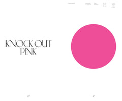 A two-page layout from a color guide defining Knock Out Pink. The left page shows the name in a black serif font. The right page features a large, solid circle of the vibrant pink color with its corresponding Pantone, HEX, RGB, and CMYK color codes listed above it.