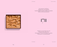 A two-page book spread on a pale pink background. The left page, numbered 84, displays a square, framed wood carving of multiple rats. The right page, numbered 85, features the year 1711 in Roman numerals and text in Danish and English explaining a legal case where water rats were found guilty of damaging crops and sentenced to excommunication.