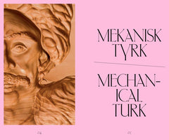 A two-panel image on a pink background, styled like a book spread. The left panel shows a detailed, layered wooden carving of a man's face with a mustache and turban. The right panel has black serif text reading Mekanisk Tyrk and Mechanical Turk, with page numbers 94 and 95 below.