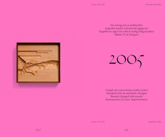 A two-page book spread with a bright pink background. On the left page is a framed wooden relief sculpture depicting a close-up of a shotgun. The right page features the year 2005 in a large, stylized font, accompanied by text in Danish and English that describes a legal case from Fresno, USA, in which a person was sentenced to 52 years in prison for attacking a police robot with a shotgun.