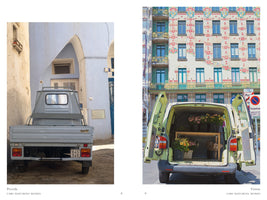 A two-page book spread on the theme of cars matching homes. On the left, a light blue Piaggio Ape truck in Procida stands before a similarly colored building with an arch. On the right, a light green van in Vienna is parked with its back doors open, showing bouquets of flowers that echo the floral facade and green balconies of the ornate building behind it.