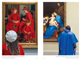 A two-panel image showing people in an art museum whose clothes coincidentally match the paintings they are viewing. On the left, a person in a red sweater and white beret looks at a painting of three girls in red dresses. On the right, a person in a bright blue poncho looks at a religious painting of the Holy Family, where the Virgin Mary wears a vibrant blue robe.