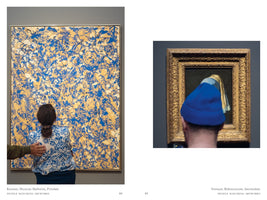 A two-panel image from a publication, showing people whose clothing matches famous artworks. On the left, a woman seen from the back wears a blue and white patterned blouse that echoes the style and colors of a large abstract painting by Lee Krasner. On the right, a person wearing a bright blue beanie stands in front of Vermeer's Girl with a Pearl Earring, their hat perfectly aligned to look like the turban in the painting.