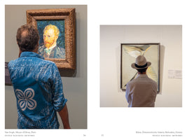 A two-panel image from a book titled PEOPLE MATCHING ARTWORKS. On the left, a man in a vibrant blue patterned shirt views a Van Gogh self-portrait, his shirt's color echoing the painting's background. On the right, a man in a light-colored fedora observes an abstract painting of a winged figure, his hat complementing the artwork's colors and curves.