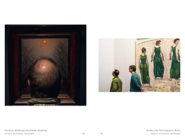 A two-page book spread from a series titled People Matching Artworks. On the left, the back of a balding man's head faces a painting by Friedrich, his bald spot comically resembling the moon in the artwork. On the right, two men in green and teal shirts stand before a painting by Hodler featuring a woman in a vibrant green dress, their clothing coordinating with the art.