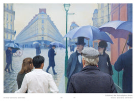 A photograph showing the backs of people in a gallery looking at Gustave Caillebotte's painting, Paris Street; Rainy Day. In the foreground, a man wearing a grey flat cap and a dark coat stands positioned in a way that makes him seem like one of the figures in the 19th-century Parisian street scene, creating a seamless blend between the viewer and the artwork.