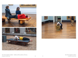 A two-page spread from a book titled SLEEPING BEAUTIES, showing three photos of people resting or sleeping on benches inside art galleries. On the left page, a man in a red jacket lies on a wooden bench, and below, two people rest on a large padded platform. The right page shows a single image of a person bent over a small, ornate gold bench.