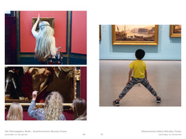 A two-page spread from a book about gestures in museums, showing three photos of people seen from behind as they look at art. On the left, a woman with long blonde hair raises her hand toward a painting, and below, three women look at a classical painting while one raises her fist. On the right, a young boy in a yellow shirt stands with his legs wide apart in front of a large landscape painting of a harbor.