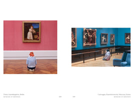 A two-panel image from a book titled Museums of Devotion. On the left, a woman with short orange hair kneels on a wood floor, looking at a Titian painting on a pink wall. On the right, another person kneels in a different museum with blue walls, looking at a row of Caravaggio paintings.