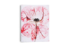 A book cover with a white background, featuring an artistic monoprint of a large red and pink poppy. The flower's petals have a delicate, veiny texture, and its center is a dark, inky black. White serif text is superimposed over the image of the poppy.