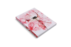 A thick paperback book lies at an angle on a white background. The cover features a large, artistic image of a red and pink translucent flower, resembling a poppy. The title, Apparition of Memory, and the author's name, Brigitte Lustenberger, are printed in white text over the flower.