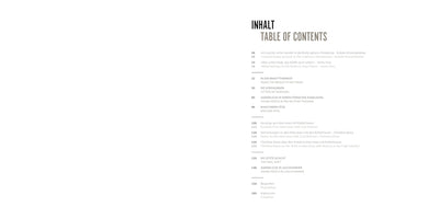 A minimalist table of contents on a white background. The heading reads INHALT in black and TABLE OF CONTENTS in grey. Chapter titles are listed with page numbers in both German and English. Topics include Inside the Briquette Factories, Letters of Dismissal, Young People in Pre-Military Training, The Final Shift, and interviews with women in the coal industry.