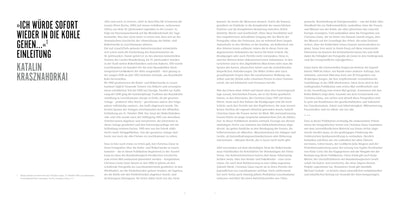 A two-page spread from a book with German text in a black serif font on a white background. The left page features a large heading: ICH WÜRDE SOFORT WIEDER IN DIE KOHLE GEHEN... EINLEITUNG, with the author's name, KATALIN KRASZNAHORKAI, below. The text is arranged in two columns. The right page contains a single column of text.