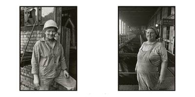 A black and white diptych showing two portraits of female industrial workers. On the left, a woman in a hard hat and work jacket stands in front of a brick building. On the right, a woman in overalls and a headscarf stands on a walkway inside a factory. Both women look directly at the camera with slight smiles.